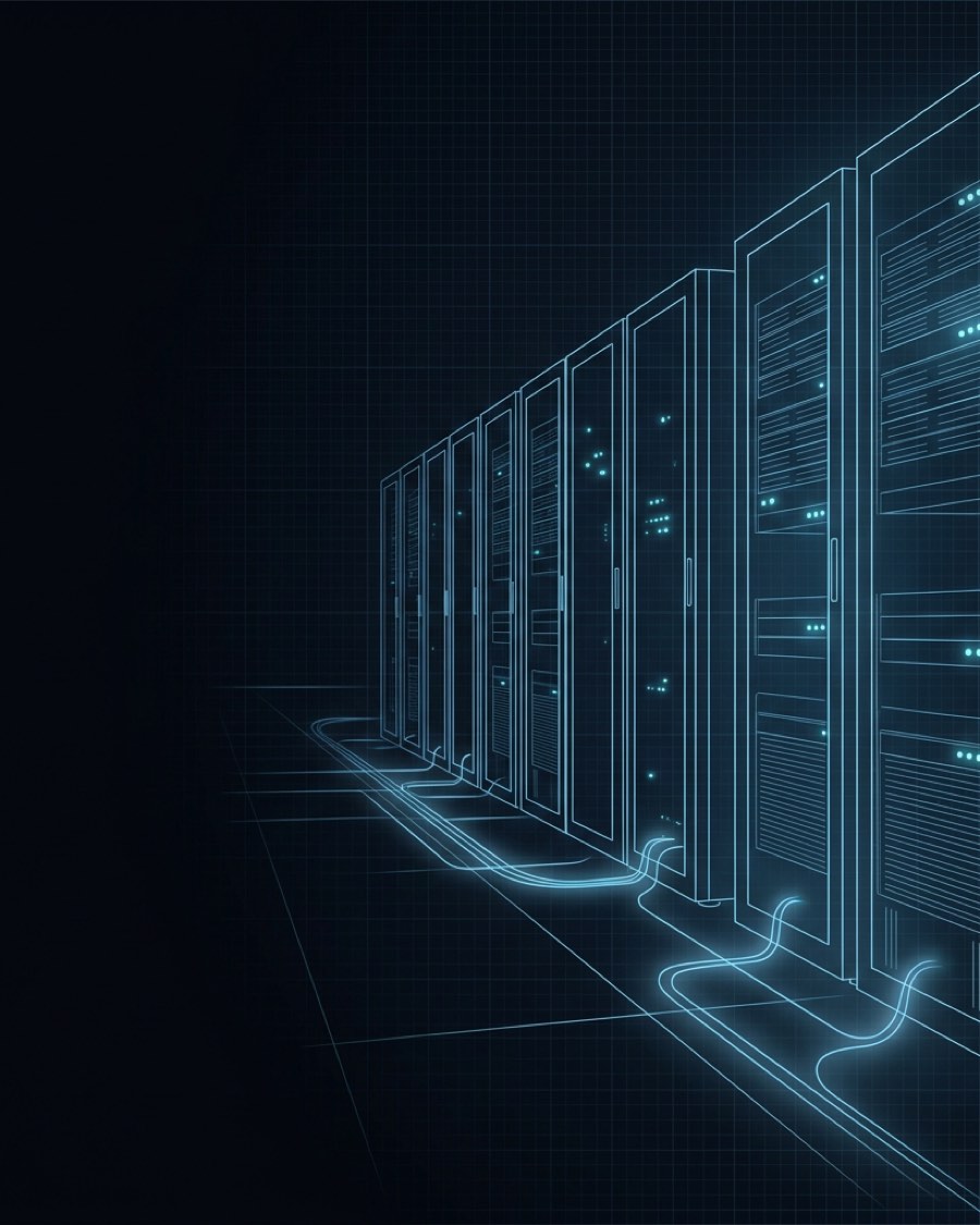 Illustration of a row of server cabinets in perspective